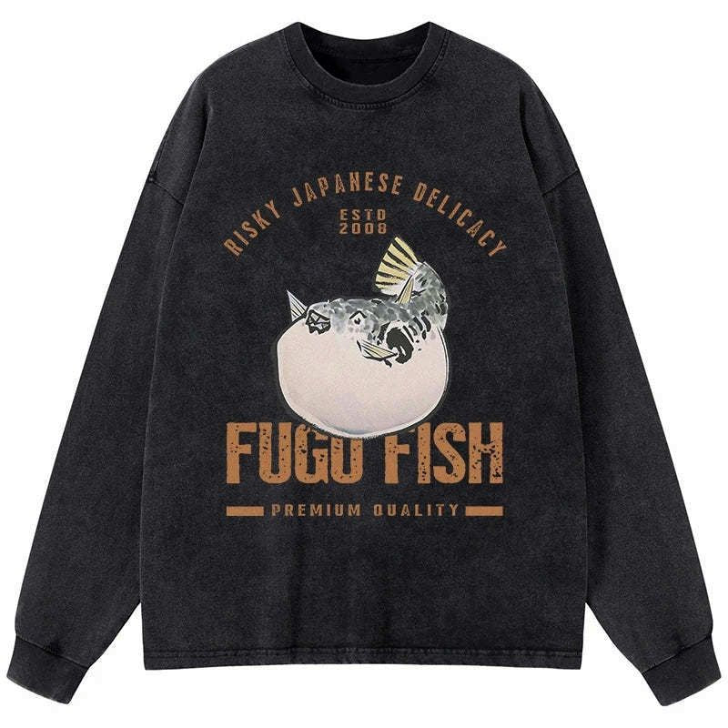 Kyoto-Lion Fugu Fish Japanese Washed Long Sleeve T-Shirt