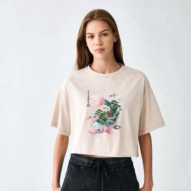 Kyoto-Lion Journey Of The Flowing Koi Women's Washed Crop T-Shirt