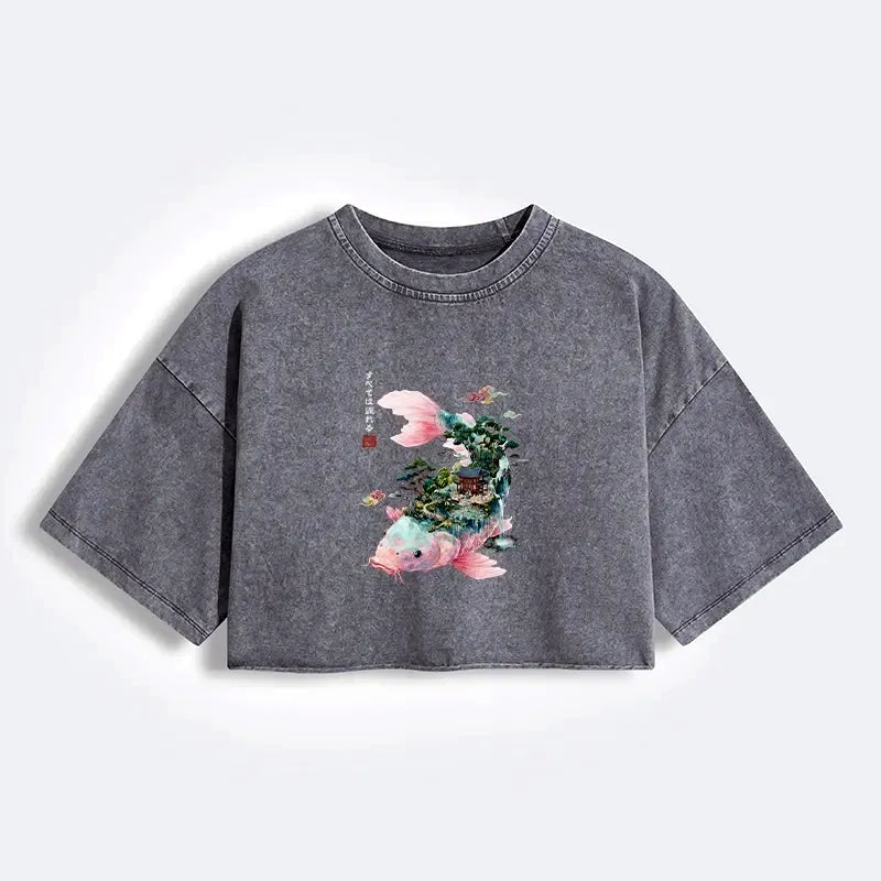 Kyoto-Lion Journey Of The Flowing Koi Women's Washed Crop T-Shirt