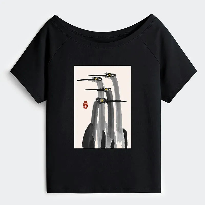 Japanese Crane Poster Off Shoulder T-Shirt