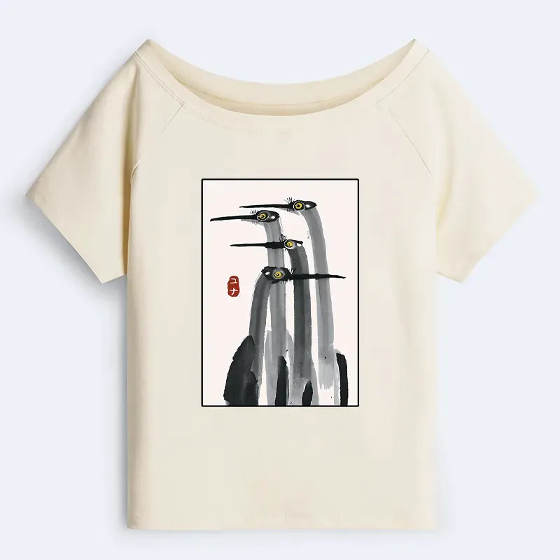 Kyoto-Lion Japanese Crane Poster Off Shoulder T-Shirt