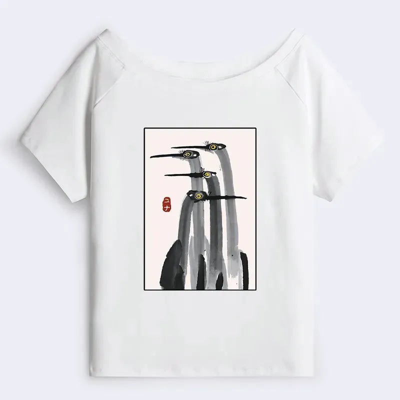 Kyoto-Lion Japanese Crane Poster Off Shoulder T-Shirt
