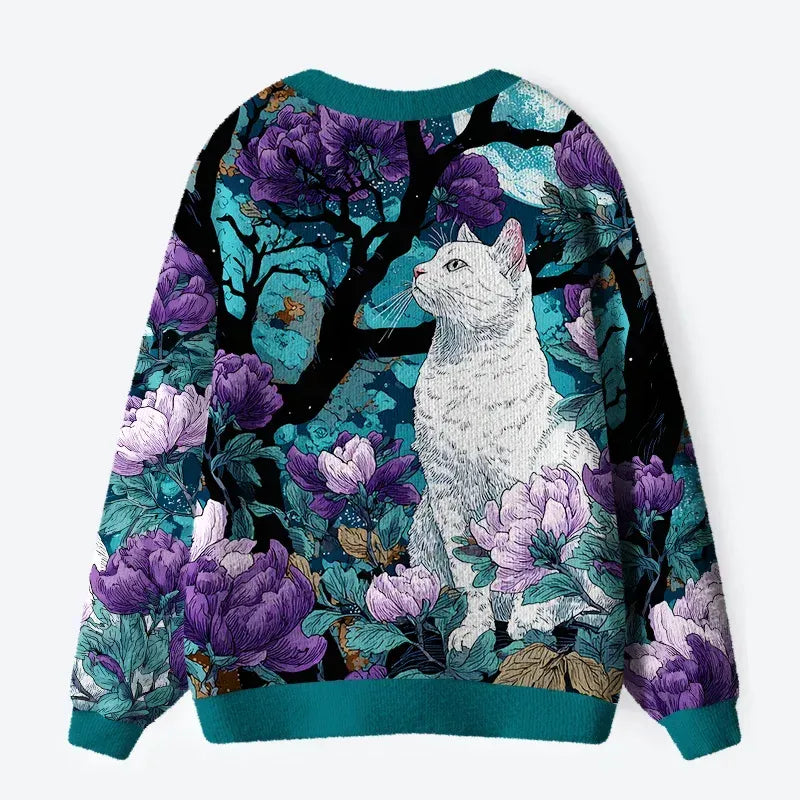 Kyoto-Lion Mysterious White Cat Ugly Cardigan Sweater