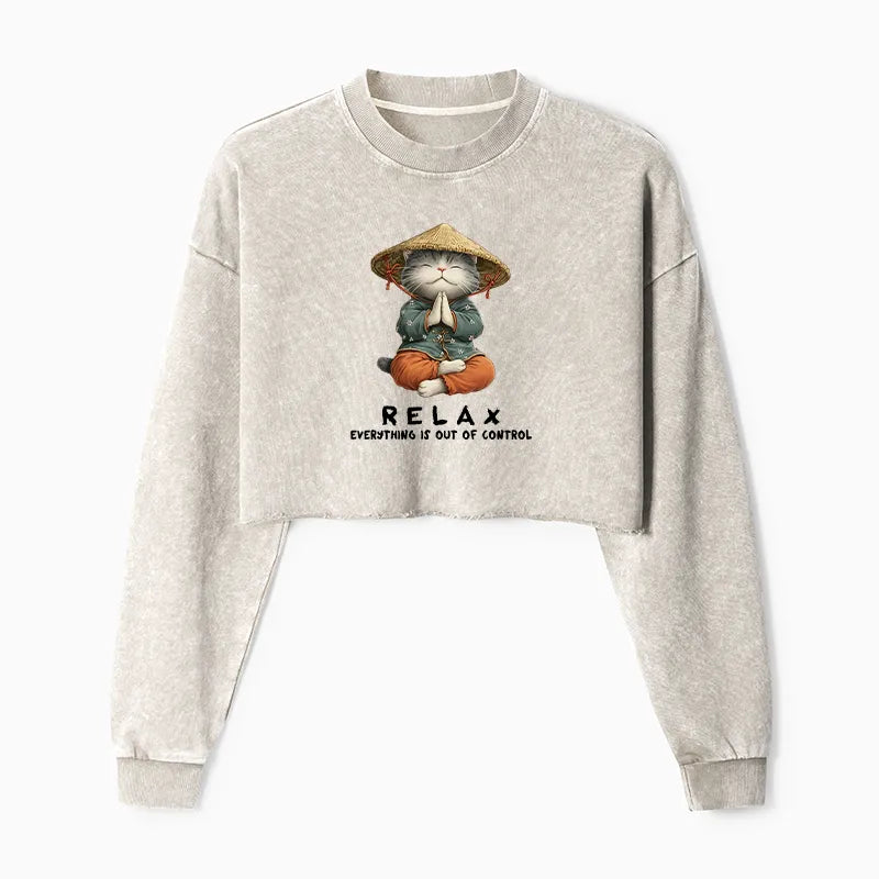 Kyoto-Lion Zen Relax Cat Graphic Washed Crop Sweatshirt