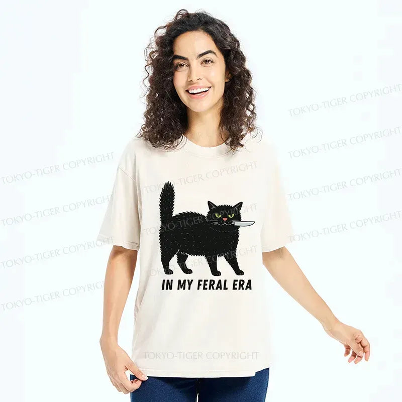 Kyoto-Lion Black Cat With A Knife Washed T-Shirt