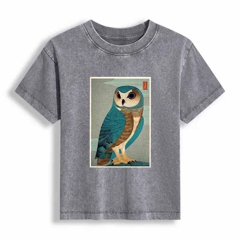 Kyoto-Lion Vintage Owl Woodblock Art Women's Washed T-shirt