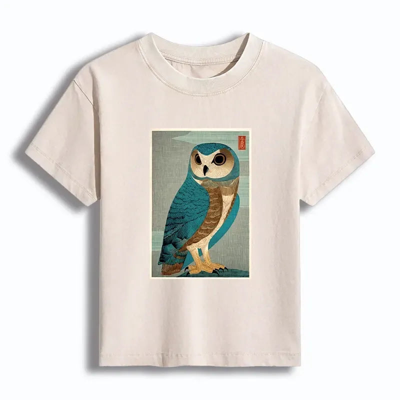 Vintage Owl Woodblock Print T-Shirt for Women