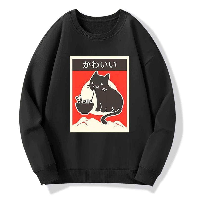 Vintage Japanese Ramen Cat Sweatshirt for Daily Wear