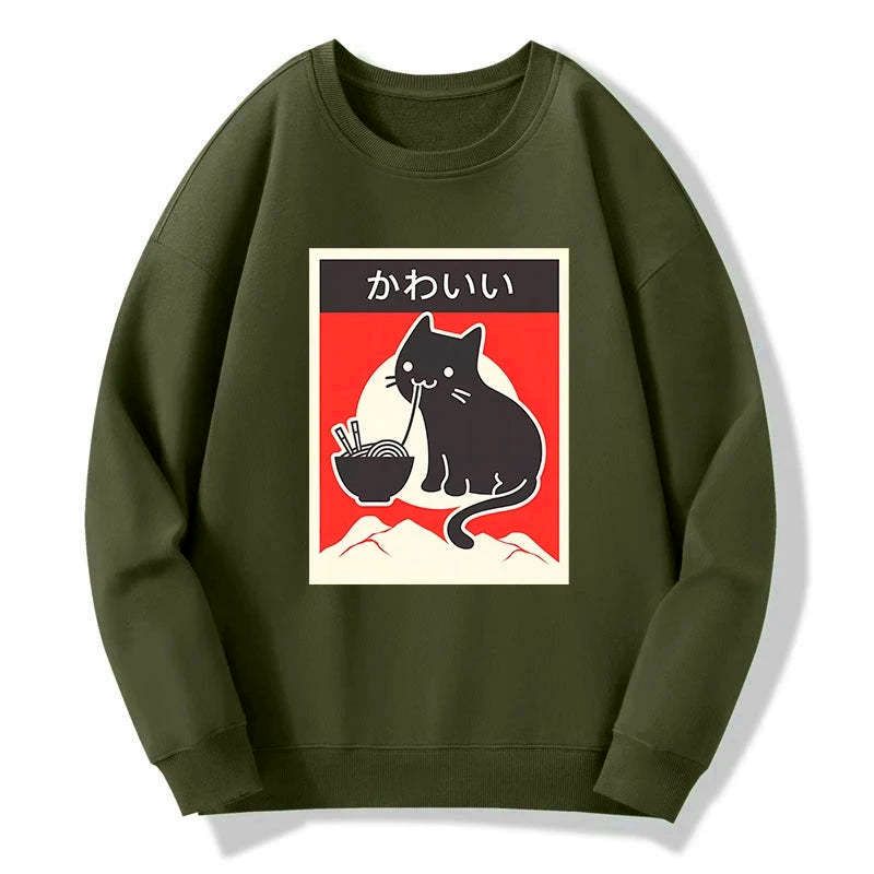 Vintage Japanese Ramen Cat Sweatshirt for Daily Wear