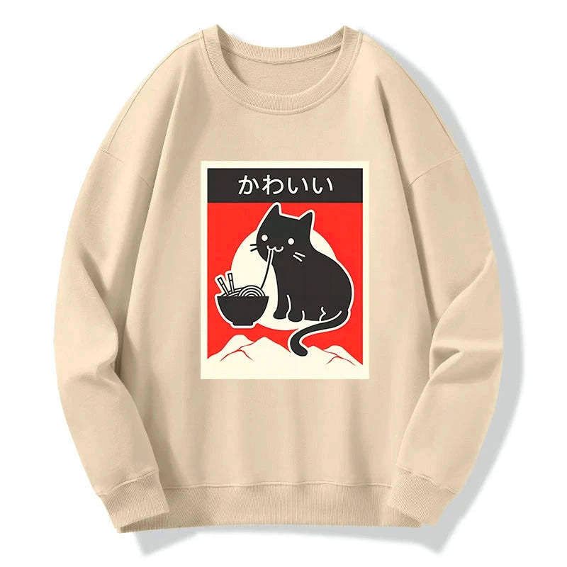 Vintage Japanese Ramen Cat Sweatshirt for Daily Wear