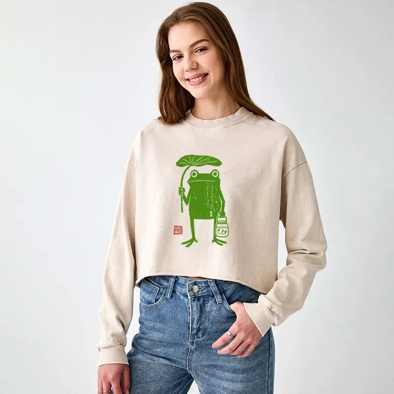 Kyoto-Lion Frogs Taking Shelter From The Rain Washed Crop Sweatshirt