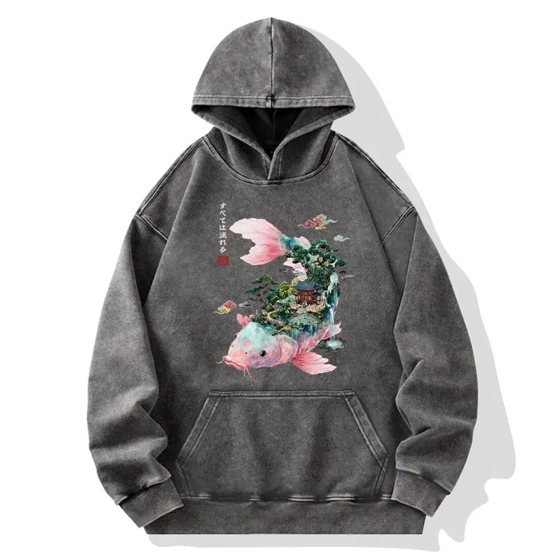 Japanese Koi Washed Hoodie for Streetwear