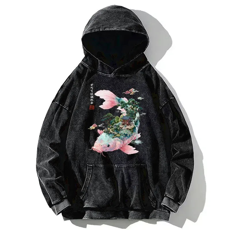 Japanese Koi Washed Hoodie for Streetwear