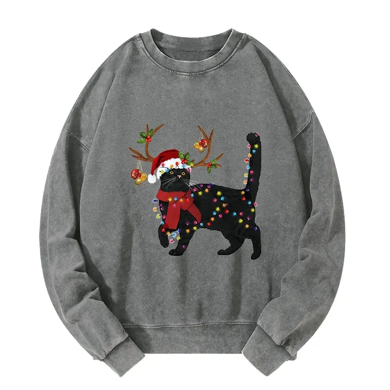Kyoto-Lion Christmas Black Cat Washed Sweatshirt