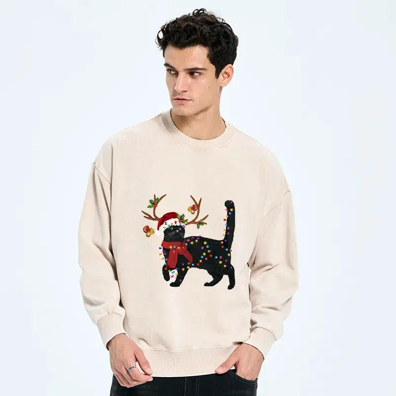 Japanese Black Cat Washed Sweatshirt for Gift Idea