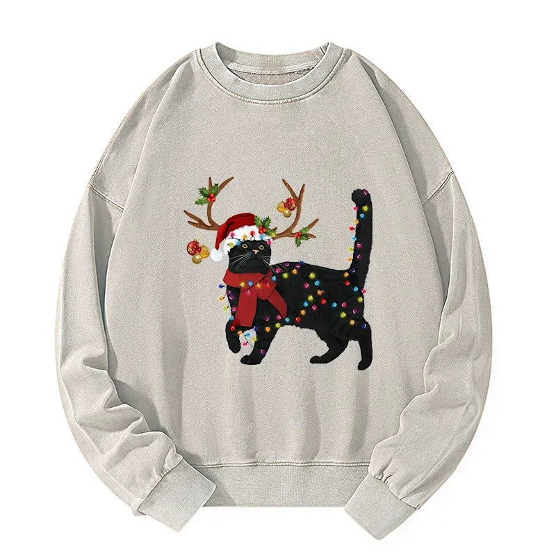 Kyoto-Lion Christmas Black Cat Washed Sweatshirt