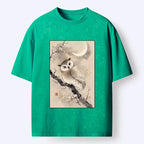 Kyoto-Lion Moon Plum Blossom Ink Owl Art Washed T-Shirt
