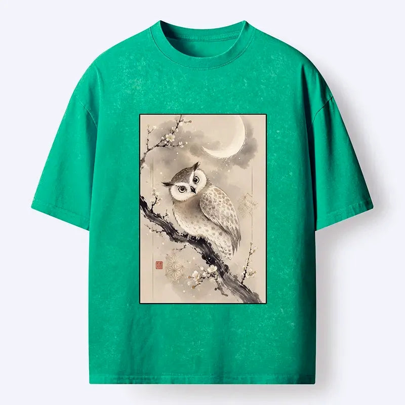 Kyoto-Lion Moon Plum Blossom Ink Owl Art Washed T-Shirt