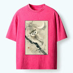 Kyoto-Lion Moon Plum Blossom Ink Owl Art Washed T-Shirt