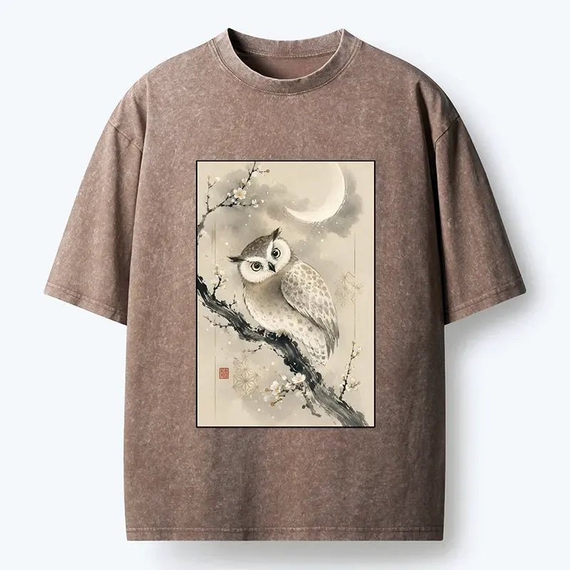 Vintage Owl T-Shirt with Plum Blossom Art