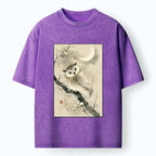 Kyoto-Lion Moon Plum Blossom Ink Owl Art Washed T-Shirt