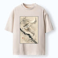 Kyoto-Lion Moon Plum Blossom Ink Owl Art Washed T-Shirt