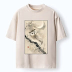 Kyoto-Lion Moon Plum Blossom Ink Owl Art Washed T-Shirt