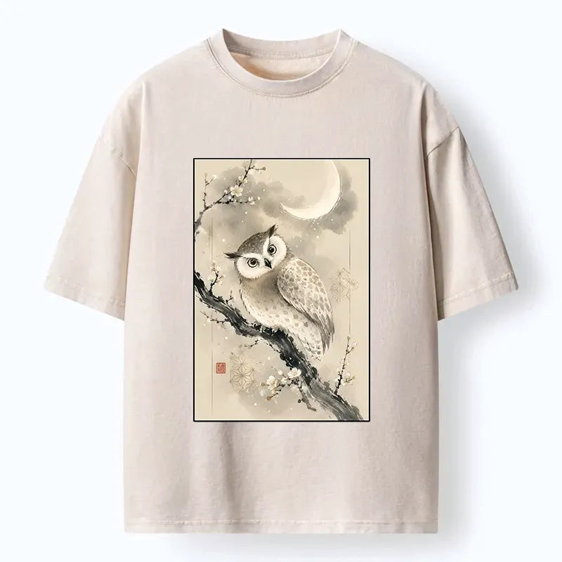 Kyoto-Lion Moon Plum Blossom Ink Owl Art Washed T-Shirt