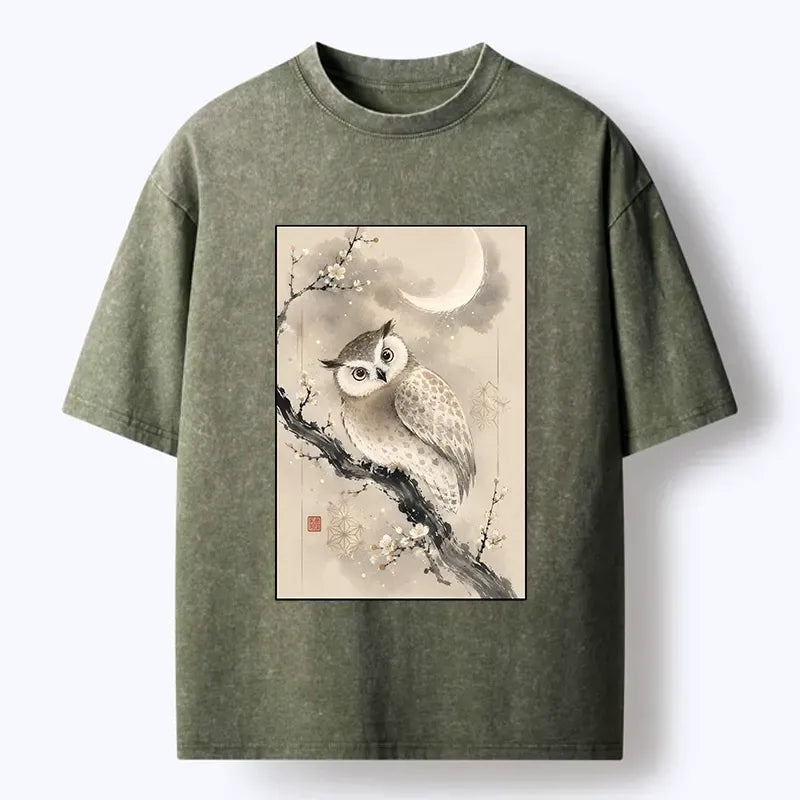 Vintage Owl T-Shirt with Plum Blossom Art