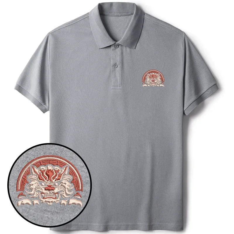 Japanese Komainu Embroidered Polo Shirt