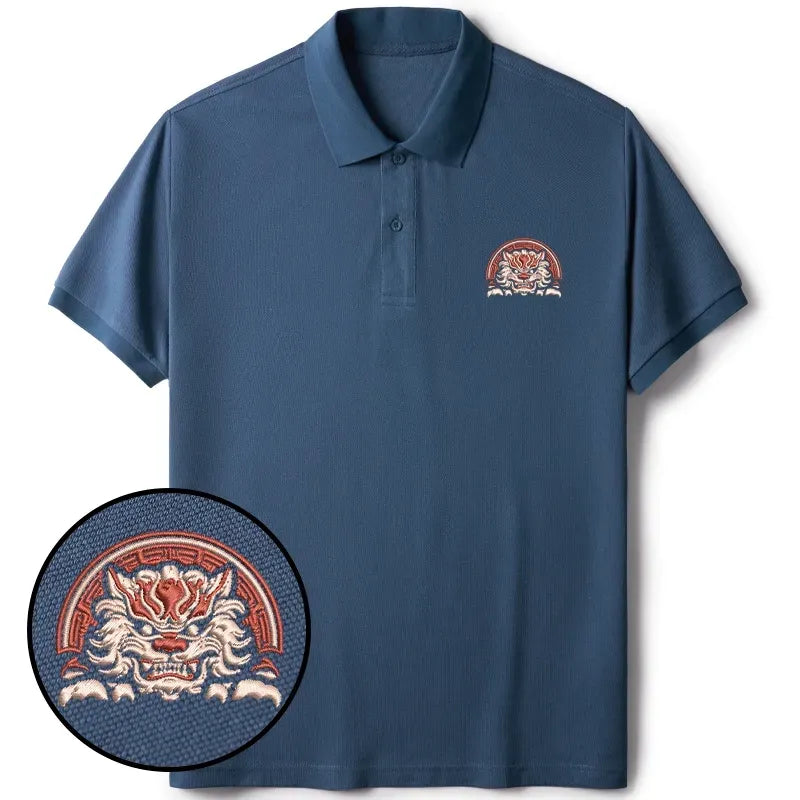 Kyoto-Lion Japanese Komainu Embroidered Polo T-Shirt