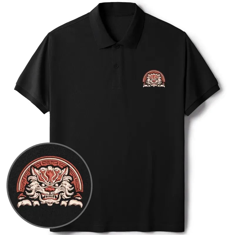 Kyoto-Lion Japanese Komainu Embroidered Polo T-Shirt