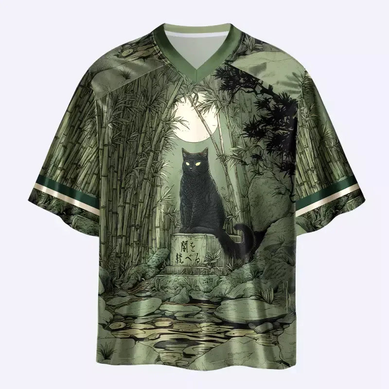 Kyoto-Lion Green Bamboo Forest Cat Glossy Oversized Jersey