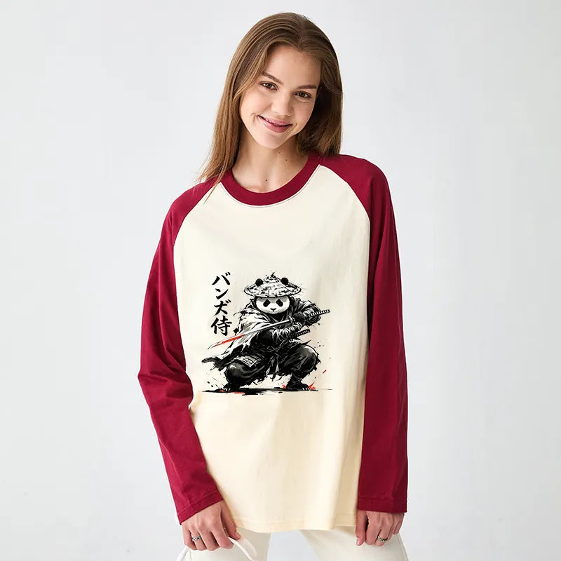 Kyoto-Lion Panda Samurai Warrior Raglan Long Sleeve T-shirt