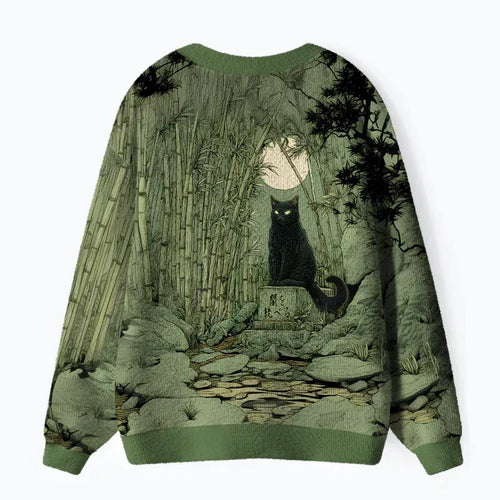 Kyoto-Lion Cat Under The Moon Ugly Cardigan Sweater