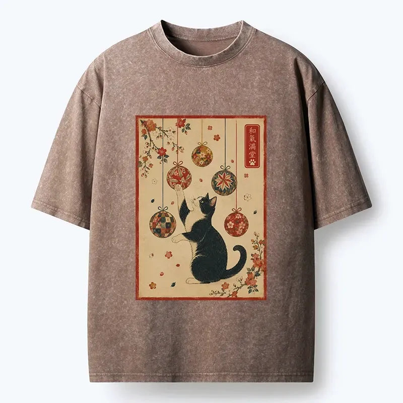 Kyoto-Lion Sakura Cat Touch Colorful Fabric Balls Washed T-Shirt