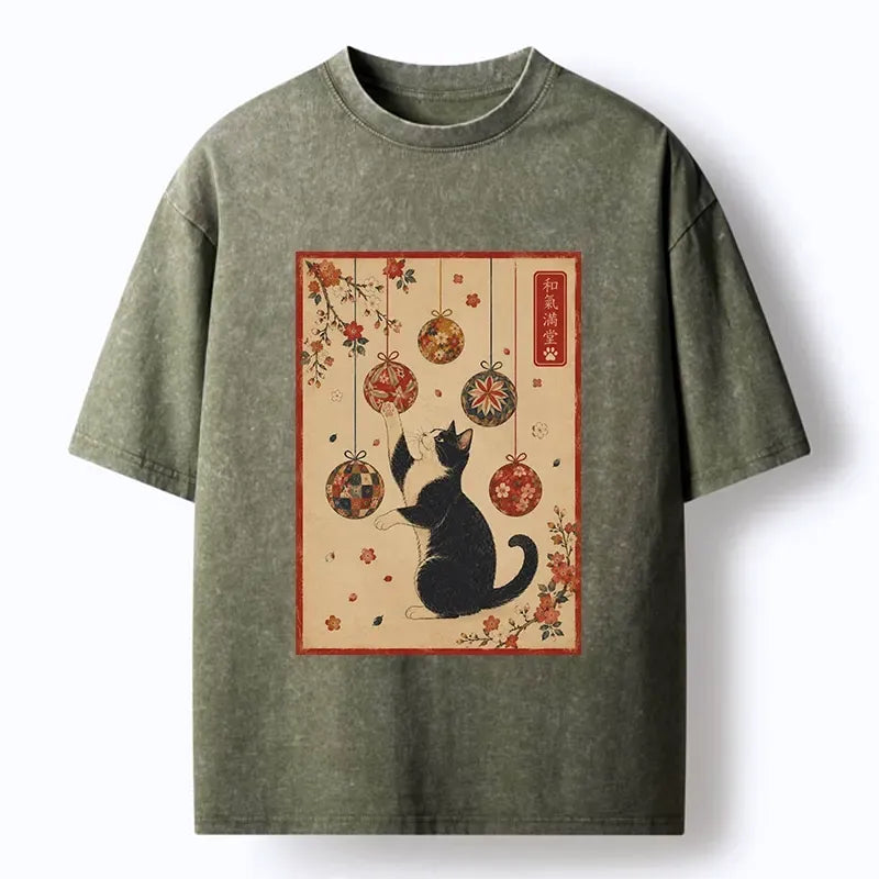 Japanese Sakura Cat Washed T-Shirt for Summer