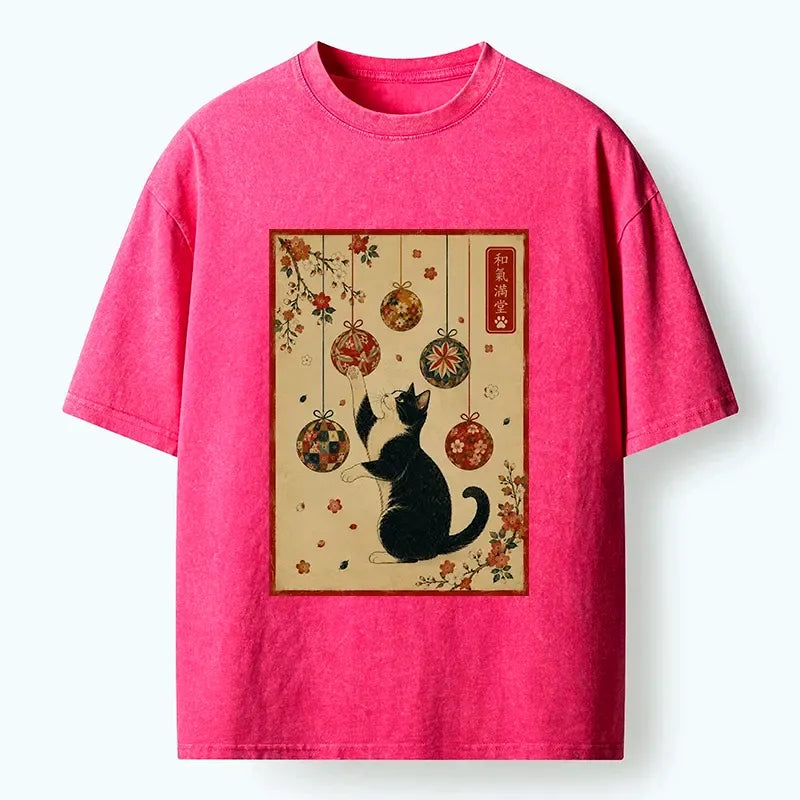 Kyoto-Lion Sakura Cat Touch Colorful Fabric Balls Washed T-Shirt