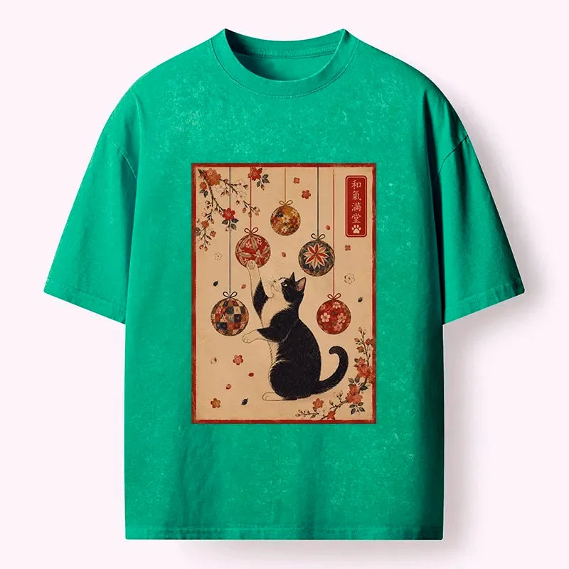 Japanese Sakura Cat Washed T-Shirt for Summer