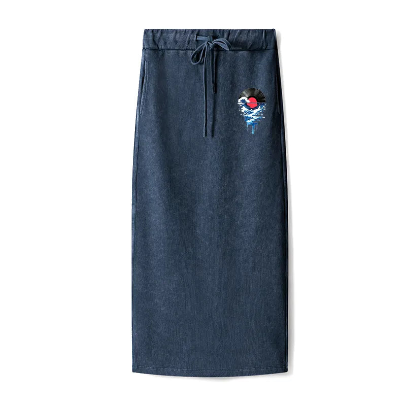 Kyoto-Lion Vinyl Records And Waves Washed Terry Skirt
