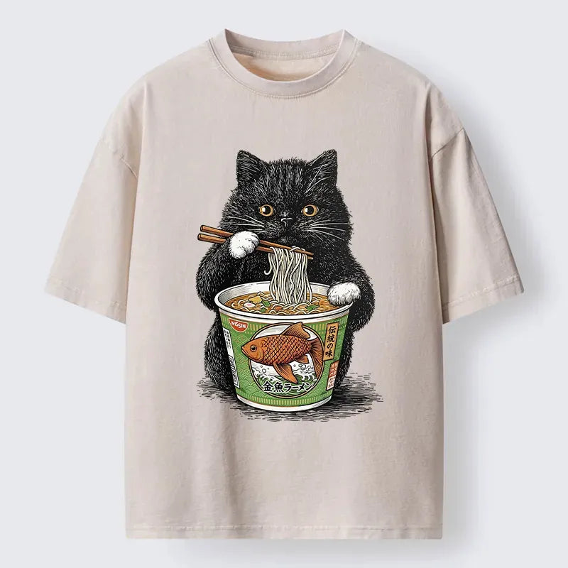 Kyoto-Lion Black Cat Eating Japanese Food Washed T-Shirt