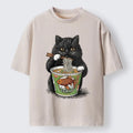 Kyoto-Lion Black Cat Eating Japanese Food Washed T-Shirt