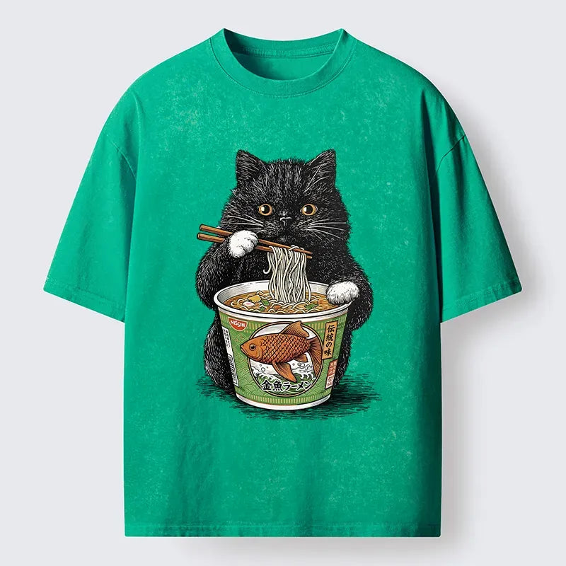 Japanese Black Cat Washed T-Shirt