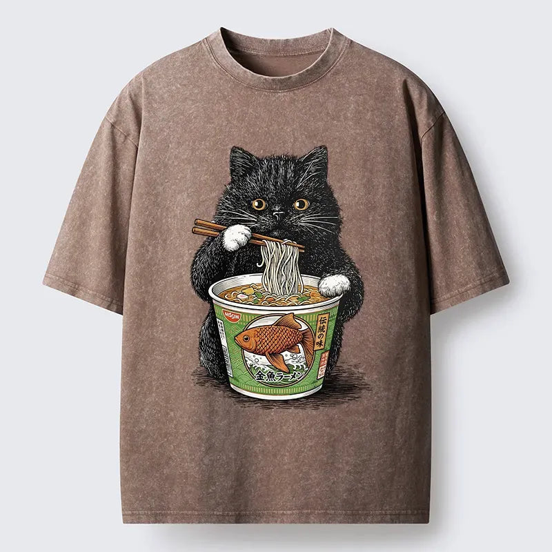 Japanese Black Cat Washed T-Shirt