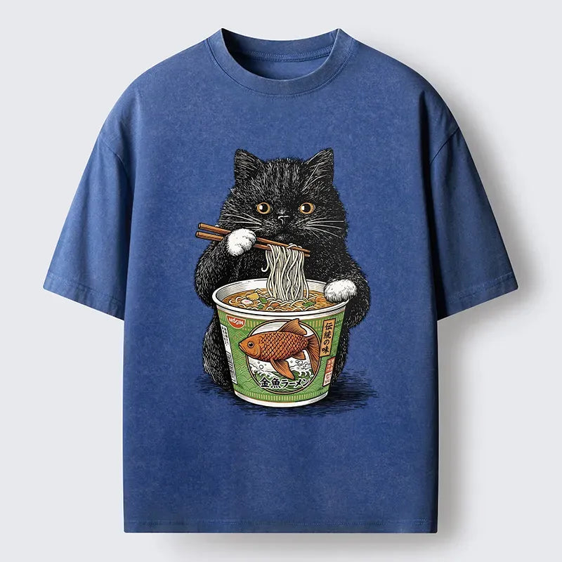 Japanese Black Cat Washed T-Shirt