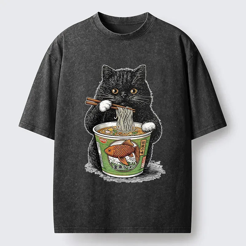 Japanese Black Cat Washed T-Shirt