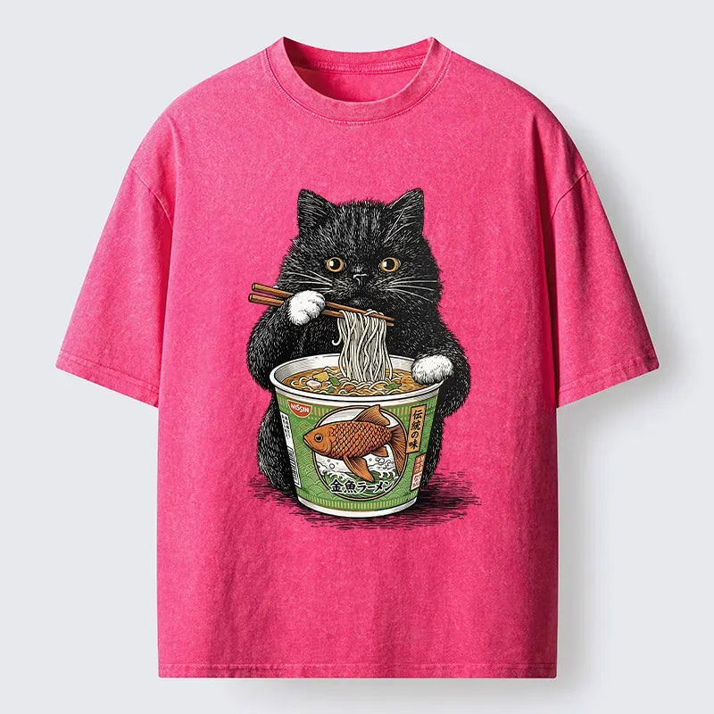 Japanese Black Cat Washed T-Shirt