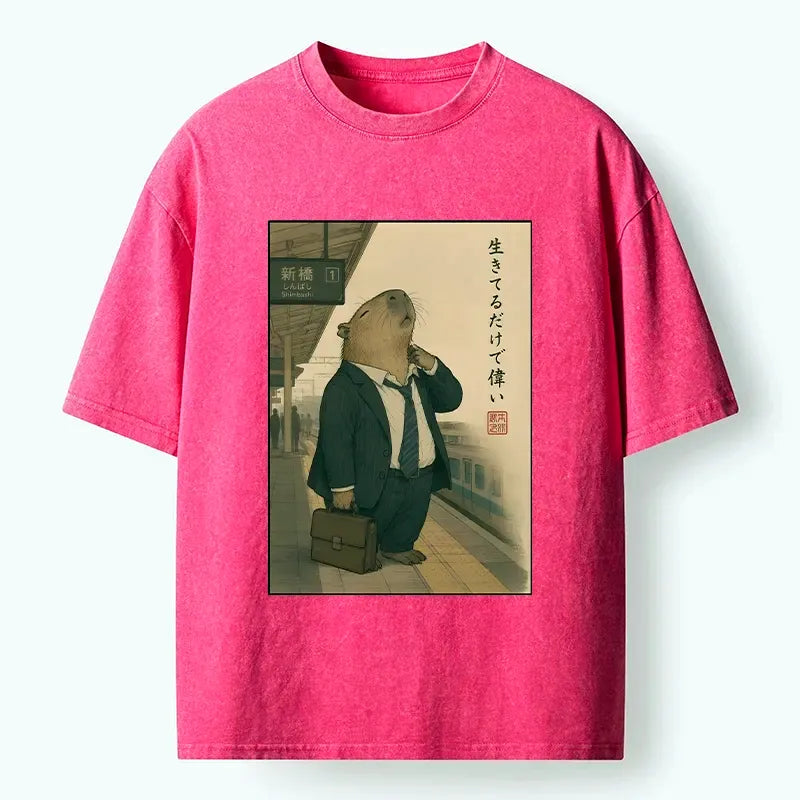 Kyoto-Lion Funny Capybara Office Worker Meme Washed T-Shirt