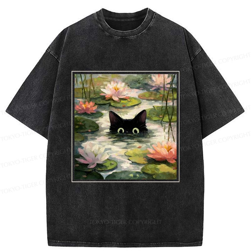 Kyoto-Lion Black Cat and Lotus Flower Washed T-Shirt