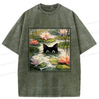Japanese Black Cat Lotus Flower T-Shirt
